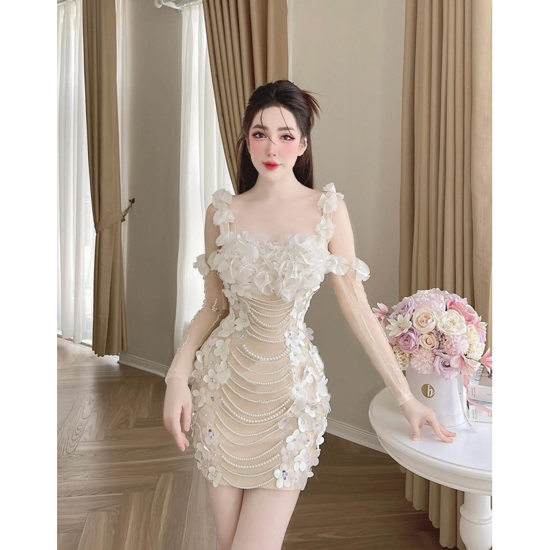 Đầm body dạ hội rớt vai kết cườm đính hoa nổi sang trọng - size S/M/L- MS409V
