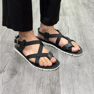 Dép sandal nam da bò phối dù sd02, dép quai hậu nam đế phíp da bò màu đen đế trắng