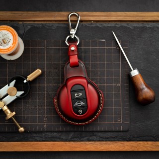 Bao da chìa khóa MINI COOPER , Bao da chìa khóa thủ công , Khắc tên miễn phí , màu đỏ patina