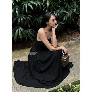 Đầm ống nhún midi đen dây cổ yếm