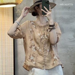 Áo sơ mi linen ngắn cổ tròn kamaka xếp ly thêu hoa lá - nu9773