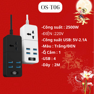 Ổ cắm điện đa năng T06  Với 2 màu đen trắng Nhựa PC chống cháy nổ , An toàn khi sử dụng Nhỏ gọn tiện lợi, Bảo hành 12 T