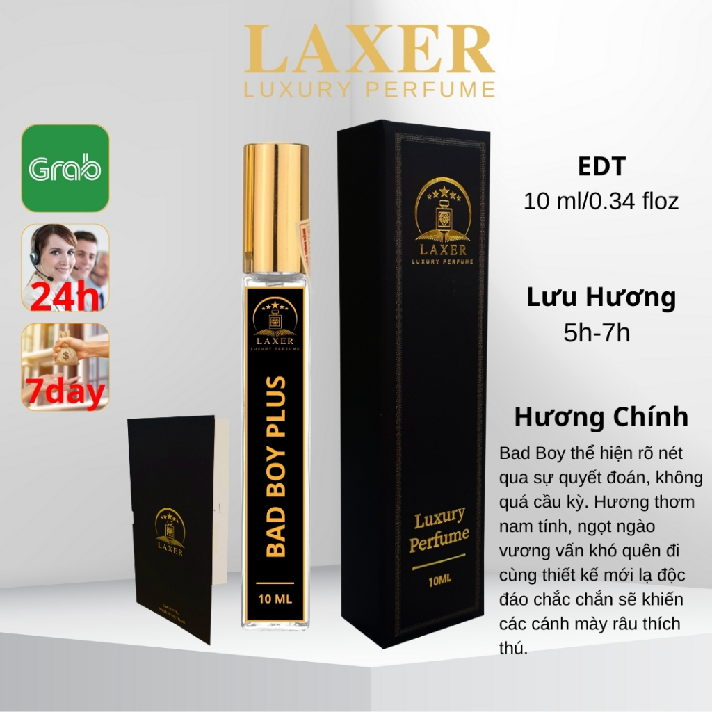 Nước Hoa Nam Laxer Bad Boy Plus Nguyên Liệu Nhập Pháp Hương Thơm Ngọt Ngào, Bí Ẩn, Lôi Cuốn Dạng Xịt 10ml và 2ml - LAXER