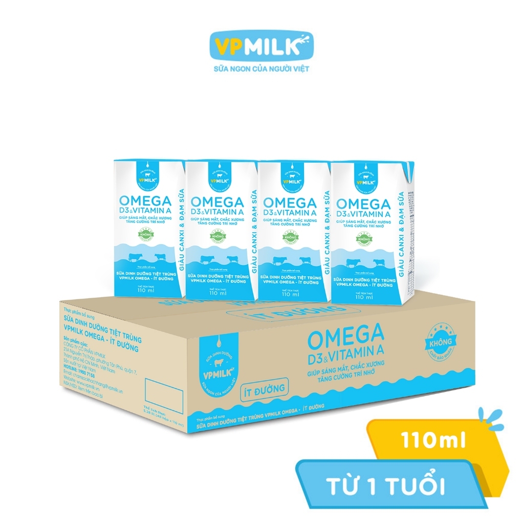 [6 LỐC TỔNG 24 HỘP x 110ml] Sữa pha sẵn dinh dưỡng VPMilk Omega ÍT ĐƯỜNG sáng mắt, chắc xương, năng 