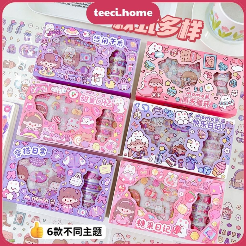 Combo 5 Cuộn Băng Keo Washi Tape Mini 9 Tấm Sticker Hình Dán DIY Trang