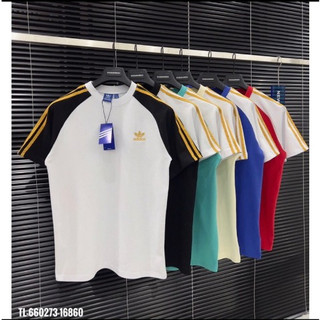Áo thun thêu a đi đát logo vàng tay raglan chạy sọc mẫu mới xu hướng-áo thể thao nam adidas áo thun nam cổ tròn