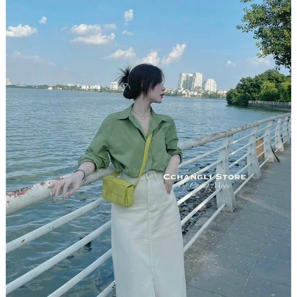 Sét sơ mi lụa váy kaki cao cấp DS
