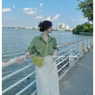 Sét sơ mi lụa váy kaki cao cấp DS