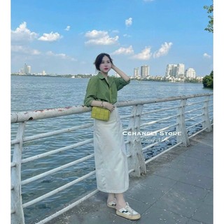 Sét sơ mi lụa váy kaki cao cấp DS