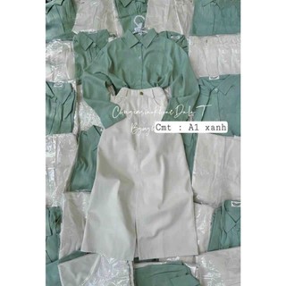 Sét sơ mi lụa váy kaki cao cấp DS