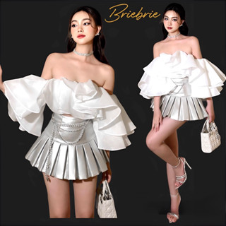 Set áo tay bồng + chân váy da xám Briebrie - 068