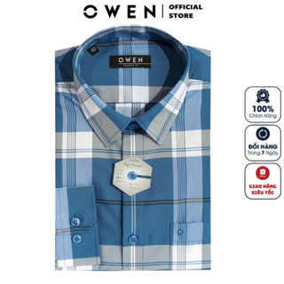 Áo sơ mi dài tay nam owen ar220876dt công sở vải café cao cấp kẻ caro lớn xanh trắng dáng suông tà lượn có túi