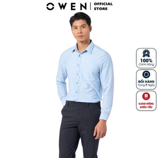 Áo sơ mi dài tay nam OWEN AR221231DT somi công sở vải cotton cao cấp màu dobby xanh dáng regular fit tà lượn có túi