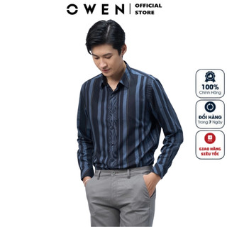 Áo Sơ Mi Nam Dài Tay OWEN AS220154D Somi Công Sở Vải Sợi Tre Cao Cấp Kẻ Sọc Xanh Be Nền Navy Dáng Ôm Tà Lượn Không Túi