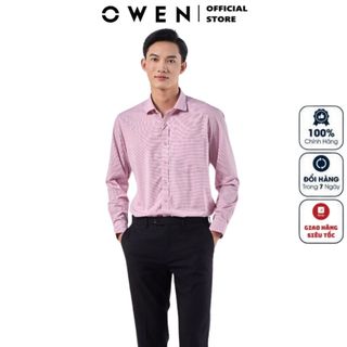 Áo sơ mi dài tay nam OWEN AR230030DT công sở vải sợi tre cao cấp màu kẻ caro nhỏ hồng dáng regular fit tà lượn có túi