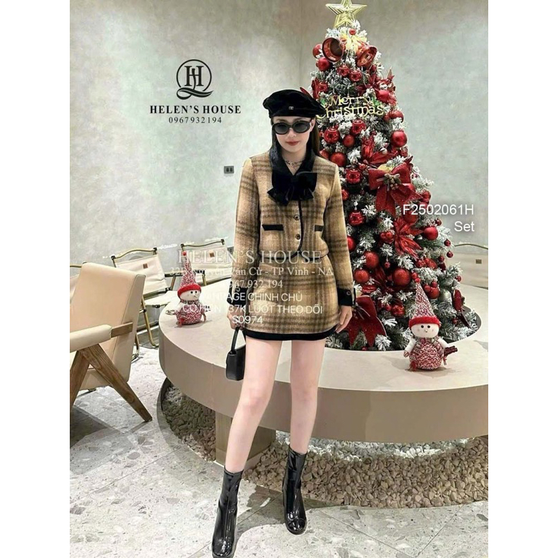 Set bộ áo dạ caro croptop phối nơ kèm chân váy ngắn cá tính VIENS STORE