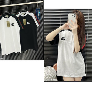 Áo thun tay lỡ unisex logo thêu Gờ G phối dây dệt tay xanh đỏ - Áo phông mã mới nam nữ unisex form rộng phong cách 2024