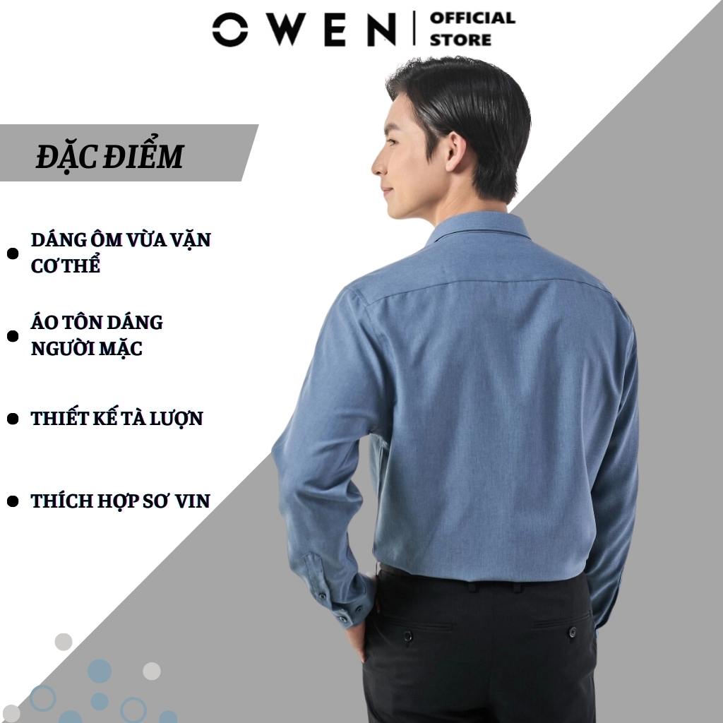 Áo sơ mi dài tay nam OWEN AS230027D công sở vải nano cao cấp màu navy xanh trơn slim fit tà lượn không túi