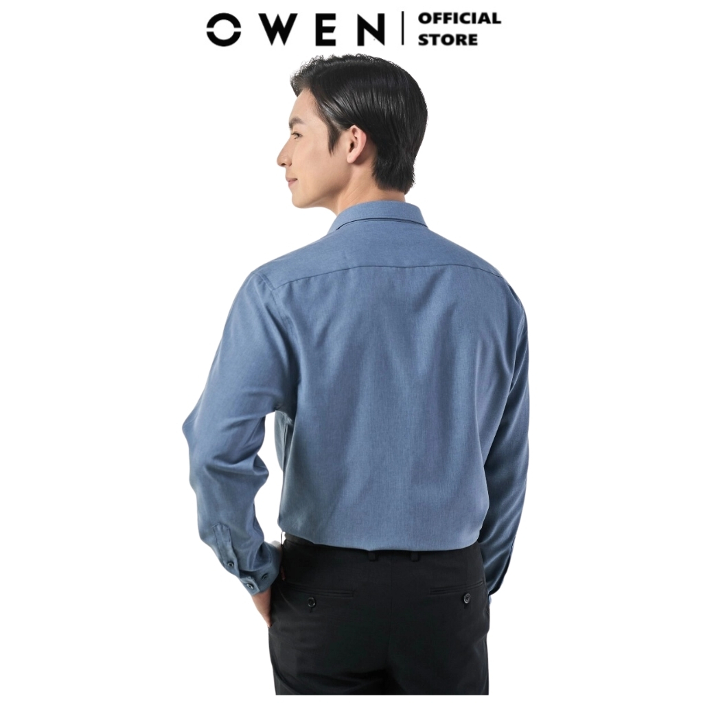 Áo sơ mi dài tay nam OWEN AS230027D công sở vải nano cao cấp màu navy xanh trơn slim fit tà lượn không túi
