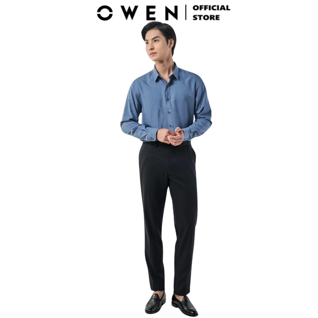 Áo sơ mi dài tay nam OWEN AS230027D công sở vải nano cao cấp màu navy xanh trơn slim fit tà lượn không túi