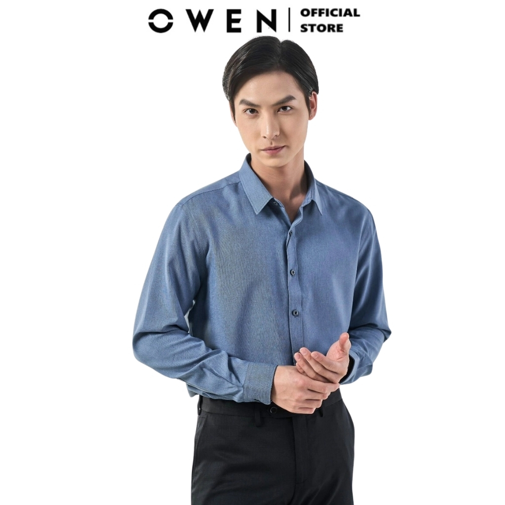 Áo sơ mi dài tay nam OWEN AS230027D công sở vải nano cao cấp màu navy xanh trơn slim fit tà lượn không túi