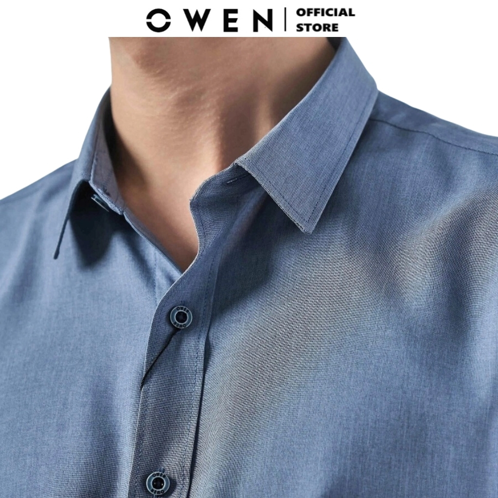 Áo sơ mi dài tay nam OWEN AS230027D công sở vải nano cao cấp màu navy xanh trơn slim fit tà lượn không túi