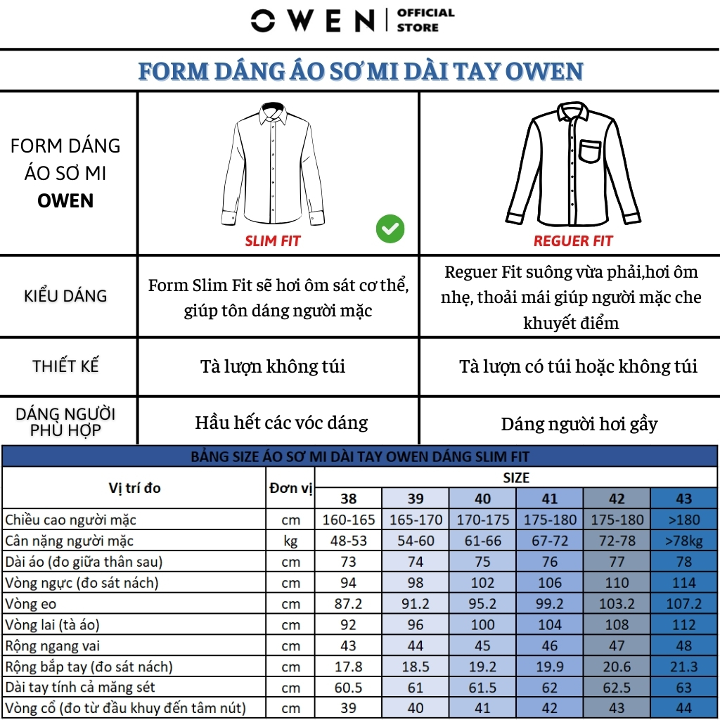 Áo sơ mi dài tay nam OWEN AS230027D công sở vải nano cao cấp màu navy xanh trơn slim fit tà lượn không túi