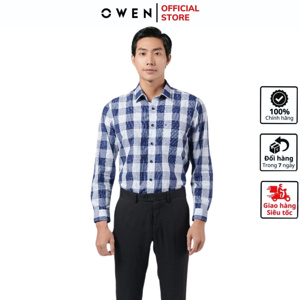 Áo sơ mi dài tay nam OWEN AR220801DT công sở Vải Sợi Tre cao cấp Màu kẻ caro lớn xanh navy trắng Dáng Regular Fit Có Túi