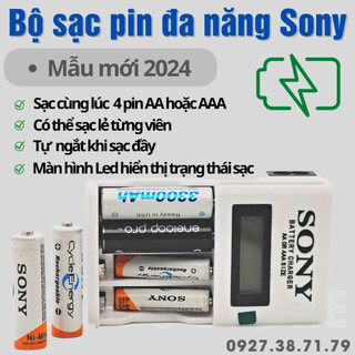 Bộ sạc pin aa, aaa sony - sạc cùng lúc 4 pin tiểu 2a, pin đũa 3a - sạc nhanh tư ngắt - màn hình led báo trạng thái sạc