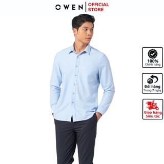 Áo sơ mi dài tay nam OWEN AR221231DT somi công sở vải cotton cao cấp màu dobby xanh dáng regular fit tà lượn có túi