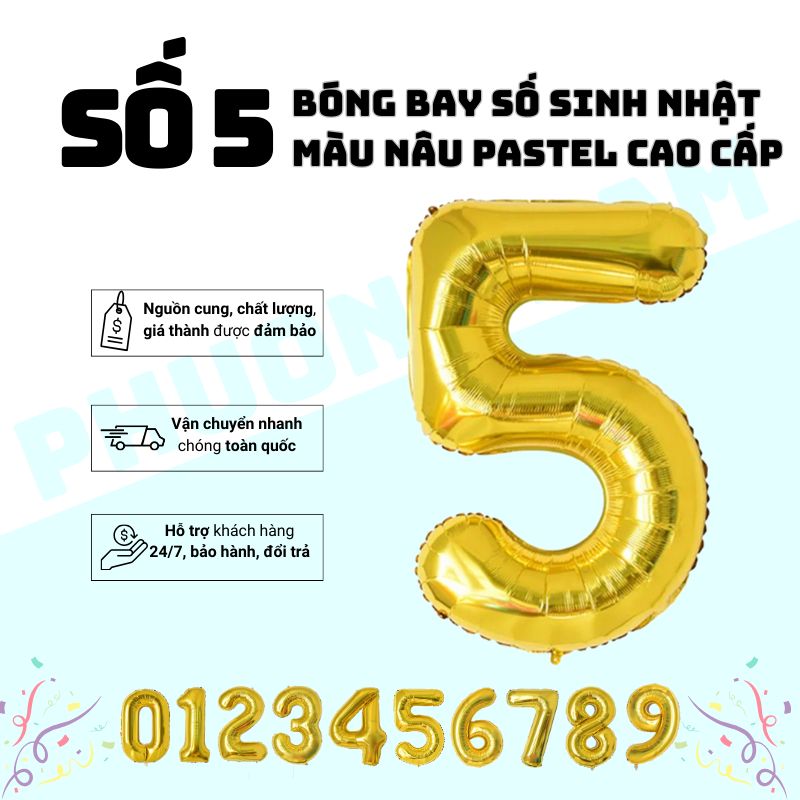 Bóng Số Tuổi Màu Gold cao cấp, sang trọng trang trí bữa tiệc sinh nhật hot trend 2024 - Số 5