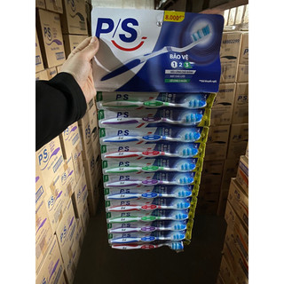 Set 12 bàn chải đánh răng ps 123 mềm mại, mặt chải lưỡi, cổ cong 3 ngăn