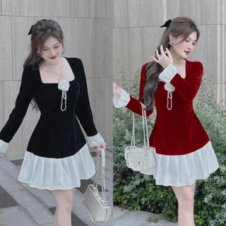 Bigsize Đầm nhung cổ vuông tay dài đính tag hoa ngọc 55-95kg