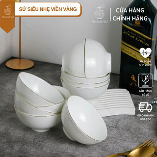 Bộ bát cơm viền vàng 12k sứ siêu nhẹ sang trọng - Set 6 và 10 chén bát cao cấp sứ xương siêu nhẹ Minh Châu