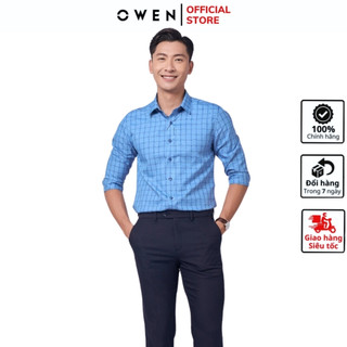 Áo sơ mi dài tay nam OWEN AS220878D somi công sở vải café cao cấp màu kẻ caro xanh trắng navy dáng slim fit không túi
