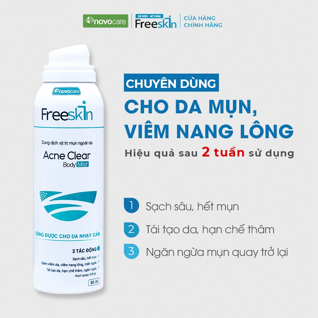 Combo 4 xịt mụn lưng, viêm nang lông, dày sừng nang lông, viêm da Novocare - Freeskin, sạch mụn, mờ thâm, sáng da 80ml