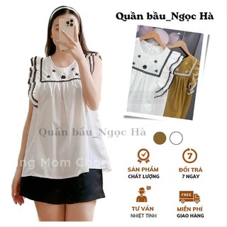 Áo Bầu tay phồng bèo ☘️dáng xuông siêu đẹp 🍀cổ tên hình thêu🍀ảnh thật Shop chụp 🌱