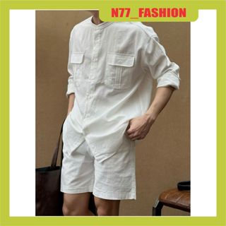 Áo sơ mi nam tay dài  vải đũi cổ trụ 2 túi cúc áo sơ mi cổ tàu