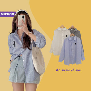 Áo Sơ Mi Nữ Tay Dài MICHOO Kẻ Sọc 3 Mẫu Phối Hình Ngựa