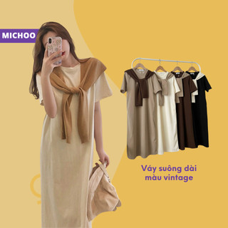 Váy Nữ Cộc Tay Cotton Tăm MICHOO Chất Mát Phối Khăn Màu Vintage