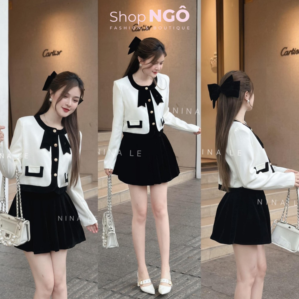 Set váy thời trang nữ,KÈM HÌNH THẬT Set ÁO TAY DÀI phối nơ chân váy NHUNG phong cách Hàn quốc siêu xinh shop ngô fashion | BigBuy360 - bigbuy360.vn