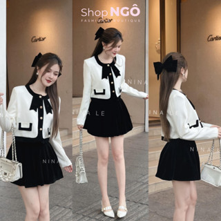 Set váy thời trang nữ,KÈM HÌNH THẬT Set ÁO TAY DÀI phối nơ chân váy NHUNG phong cách Hàn quốc siêu xinh shop ngô fashion