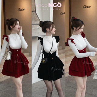  Set váy nữ đi chơi TẾT,noel,Set yếm váy nhung cánh tiên dáng xoè tầng tiểu thư phối áo trắng cổ lọ tay dài thiế kế QC 