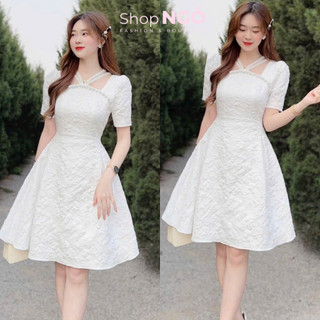 Đầm váy ngắn - Đầm váy nữ thư cổ yếm đính cườm dáng xòe ngắn chất gấm siêu xinh dành cho nàng đi chơi,đi tiệc, hẹn hò