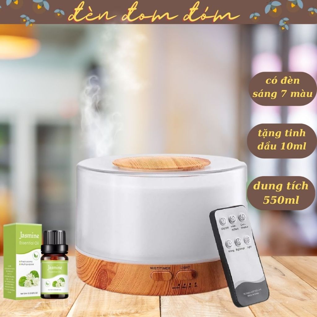 Máy xông tinh dầu phun sương tạo ẩm khuếch tán mùi 500ml có ánh sáng 7 màu và kèm điều khiển + tặng1 tinh dầu 10ml