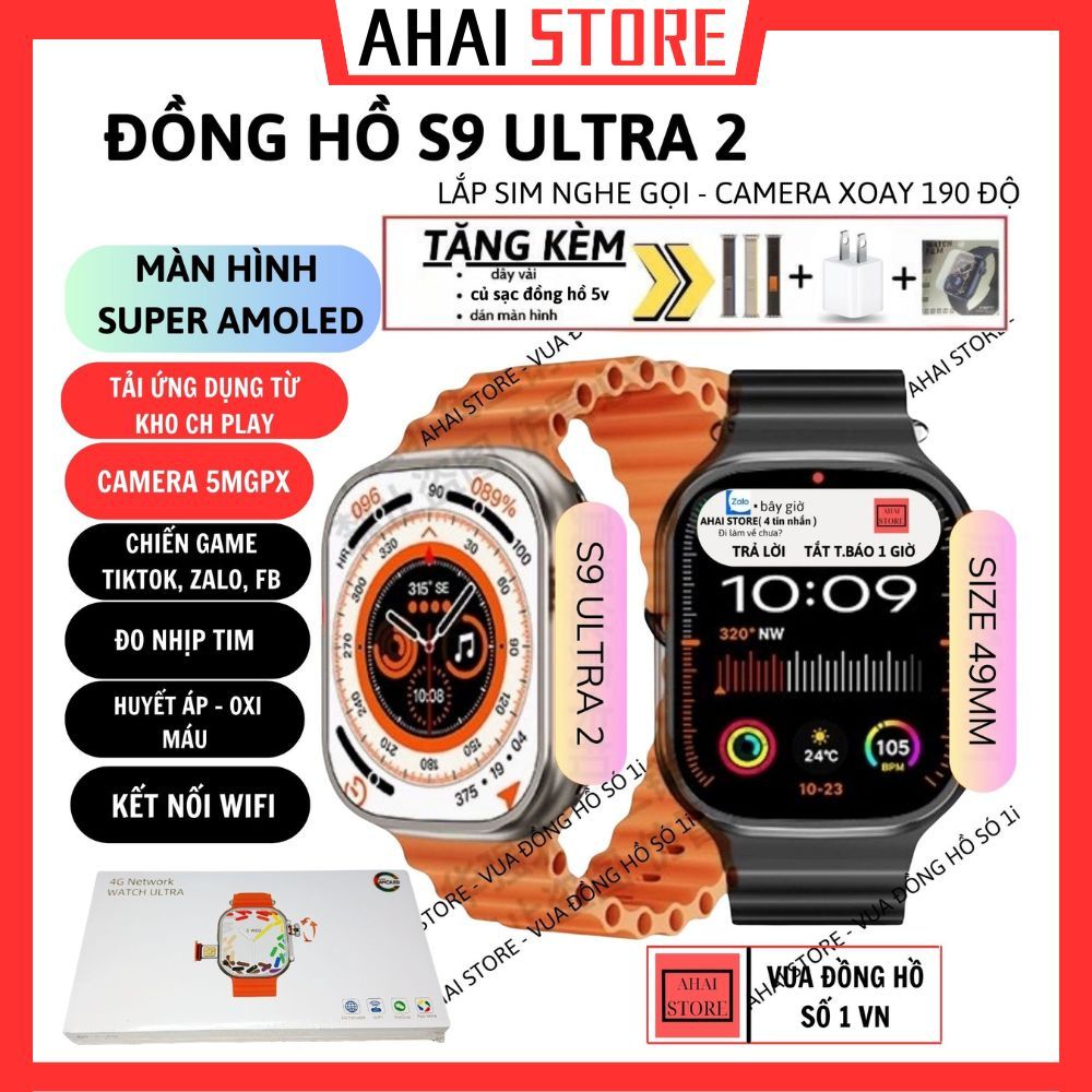 Đồng hồ S9 ULTRA 2 màn hình SUPER AMOLED tràn viền lắp sim nghe gọi độc lập, tải ứng dụng chơi game, lướt tiktok,zalo,fb