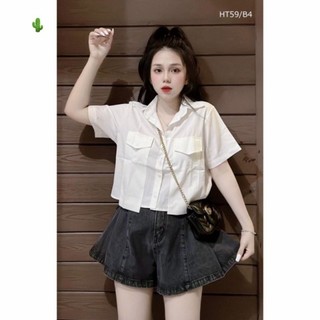 Áo Kiểu Sơmi Form Croptop Phối Hai Túi