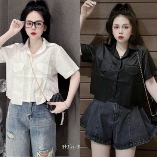 Áo Kiểu Sơmi Form Croptop Phối Hai Túi
