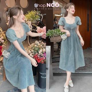  Đầm váy denim tay phồng dáng dài bầu ngực thanh lịch chất jean cứng chuẩn hàng shop loại1 