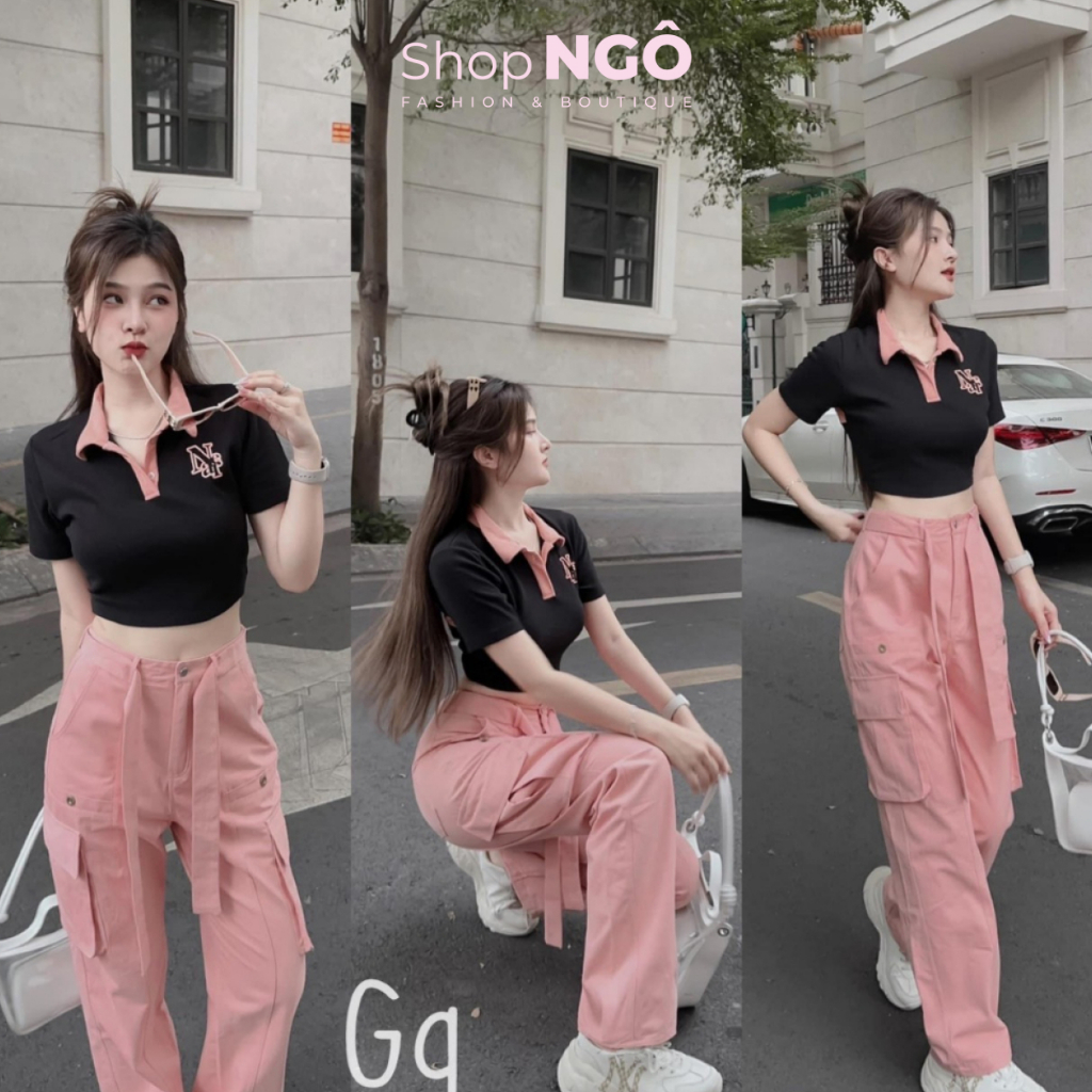 Set bộ đồ nữ áo đen croptop polo thêu chữ Mix quần túi hộp màu hồng pastel hottrend